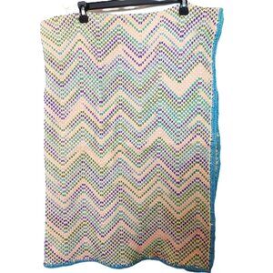 Handmade Crochet Blanket With Chevron Pastel Design & Blue Trim